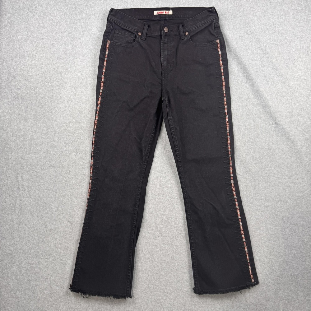 Johnny‎ Was Jeans Womens 28 Black Cropped Baby Boot Embroidered Stripe Bootcut